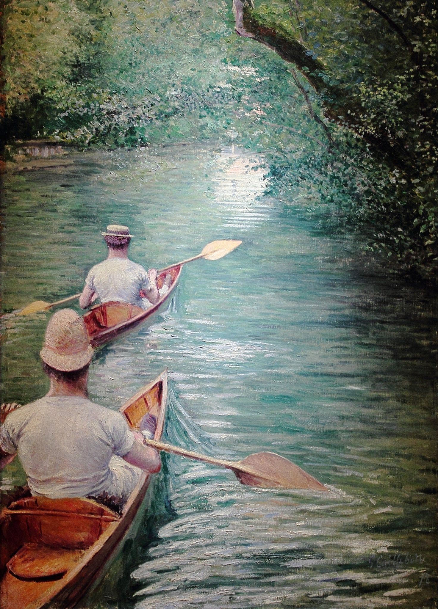 People Oil Painting - Men Rowing Canoes on Calm River Scene - Oil Painting Haven