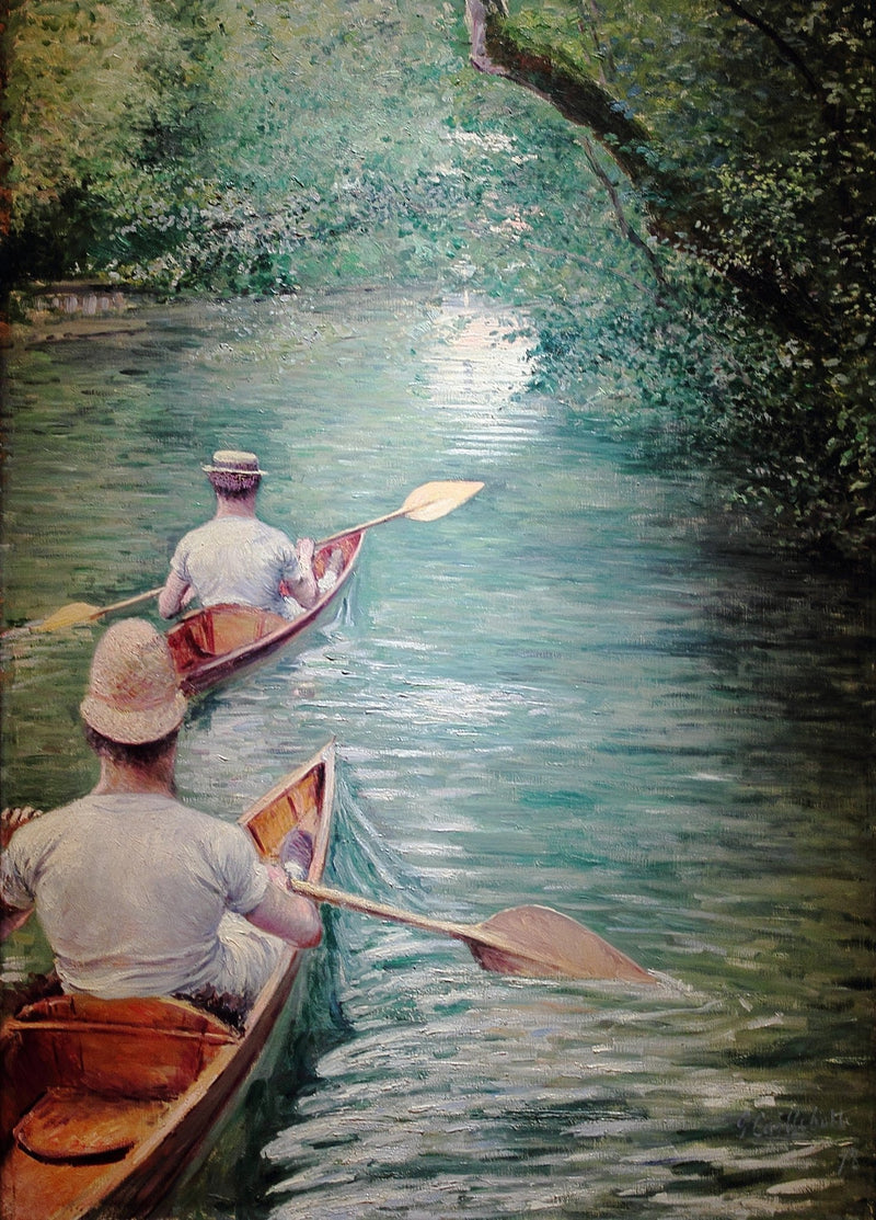 People Oil Painting - Men Rowing Canoes on Calm River Scene - Oil Painting Haven