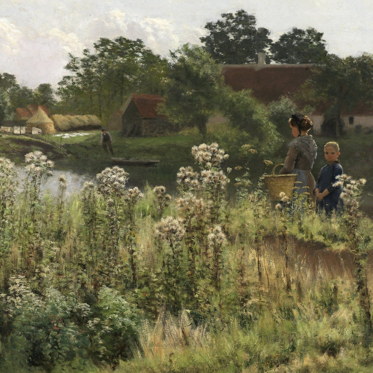People Oil Painting - Mother and Child by Riverside Village - Oil Painting Haven