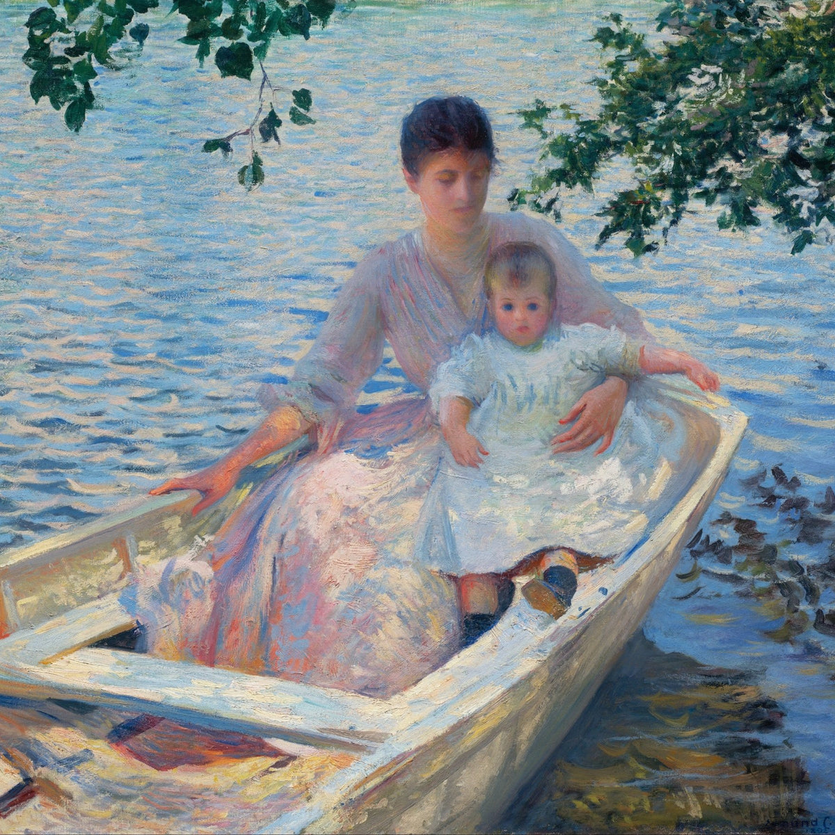 People Oil Painting - Mother and Child in Boat by Lake - Oil Painting Haven