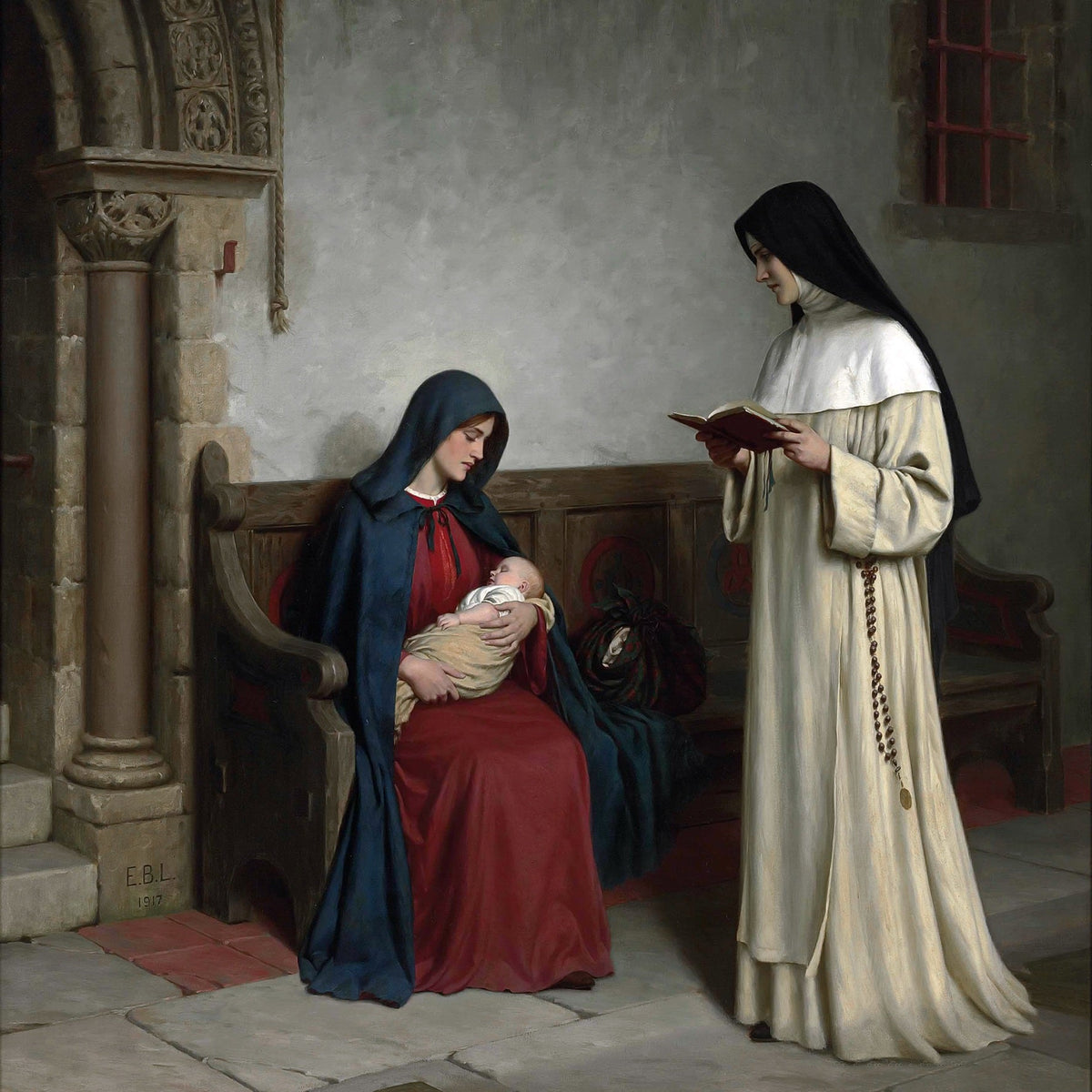 People Oil Painting - Mother and Child with Nun Interior Scene - Oil Painting Haven