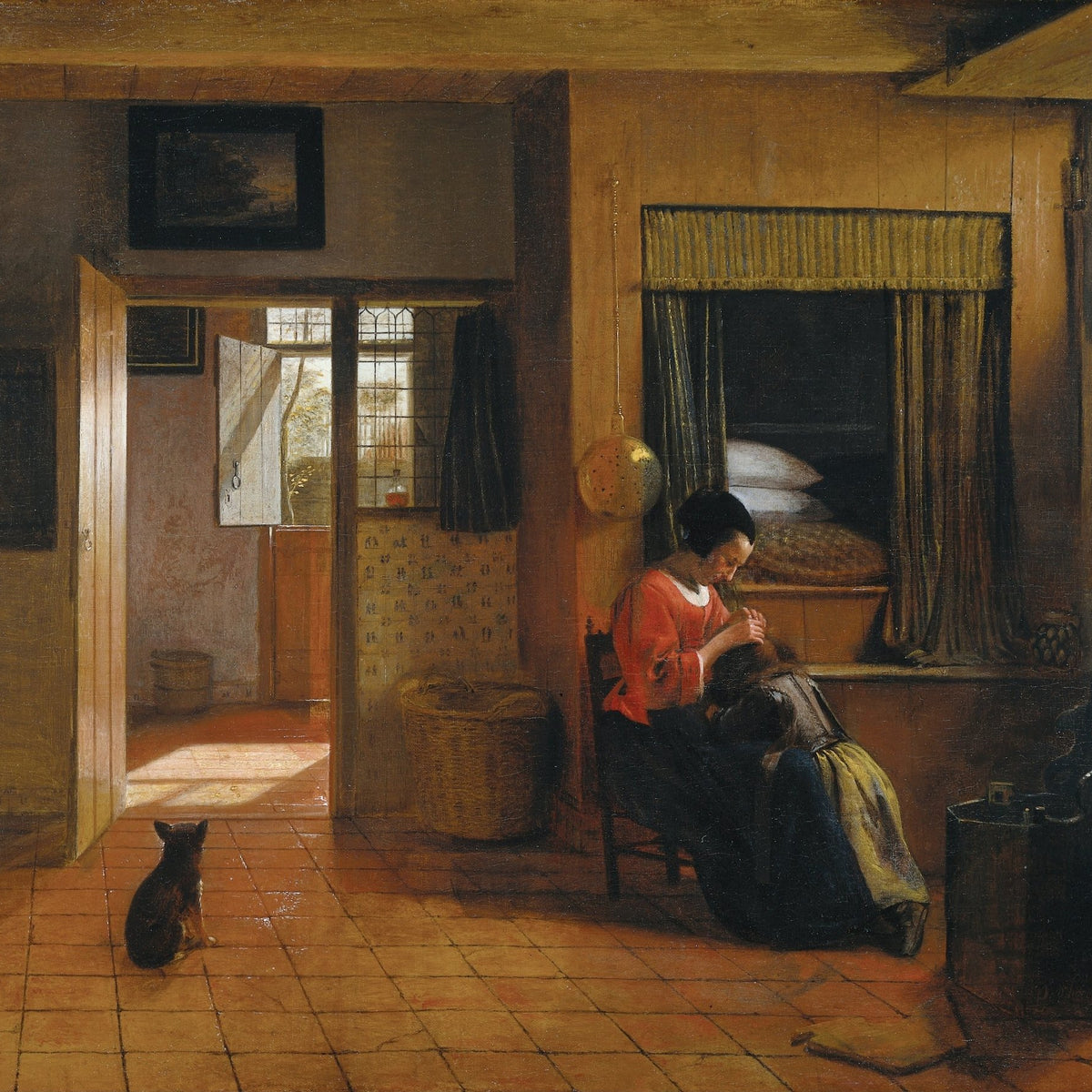 People Oil Painting - Mother Grooming Child in Warm Interior - Oil Painting Haven
