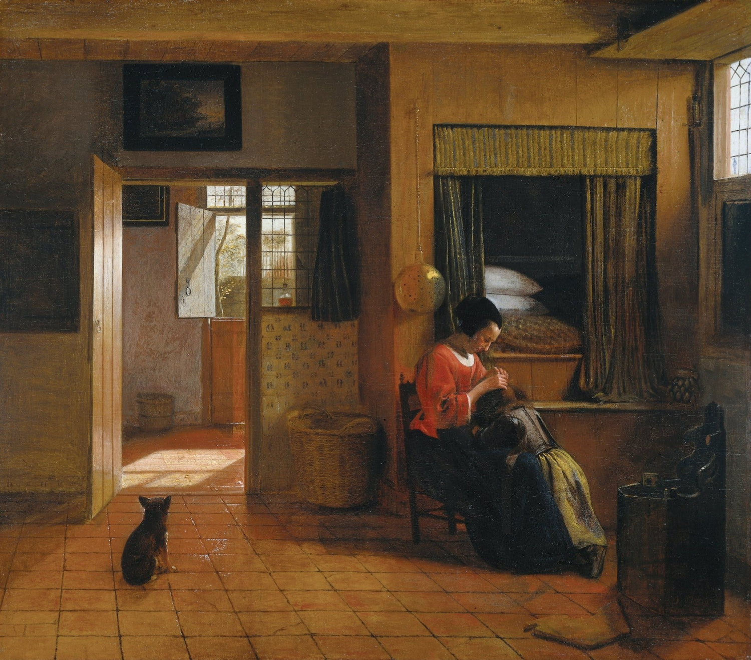 People Oil Painting - Mother Grooming Child in Warm Interior - Oil Painting Haven