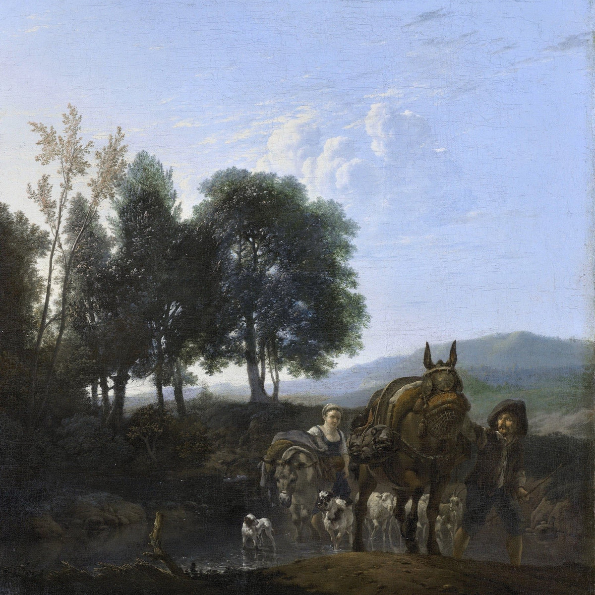 People Oil Painting - Mule Driver Crossing River Landscape - Oil Painting Haven