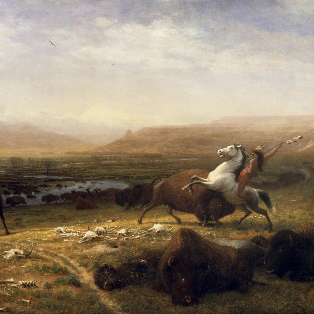People Oil Painting - Native Buffalo Hunt Landscape Scene - Oil Painting Haven