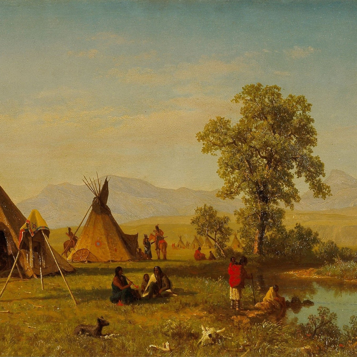 People Oil Painting - Native Camp by River Landscape Scene - Oil Painting Haven