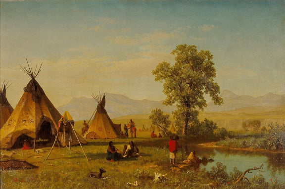 People Oil Painting - Native Camp by River Landscape Scene - Oil Painting Haven