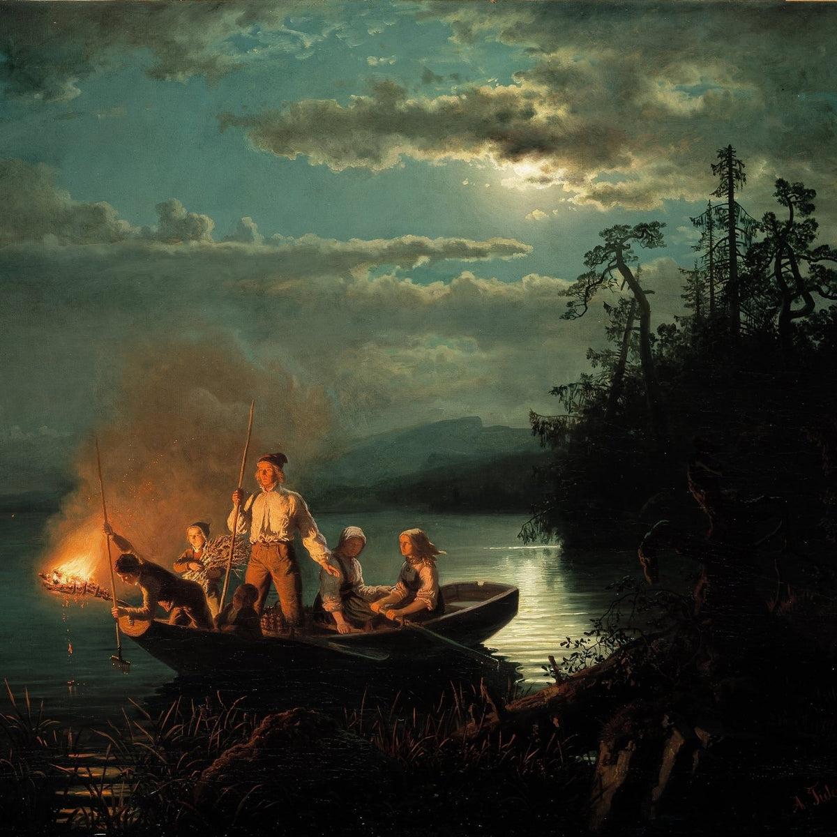 People Oil Painting - Night Fishing by Boat Landscape Scene - Oil Painting Haven