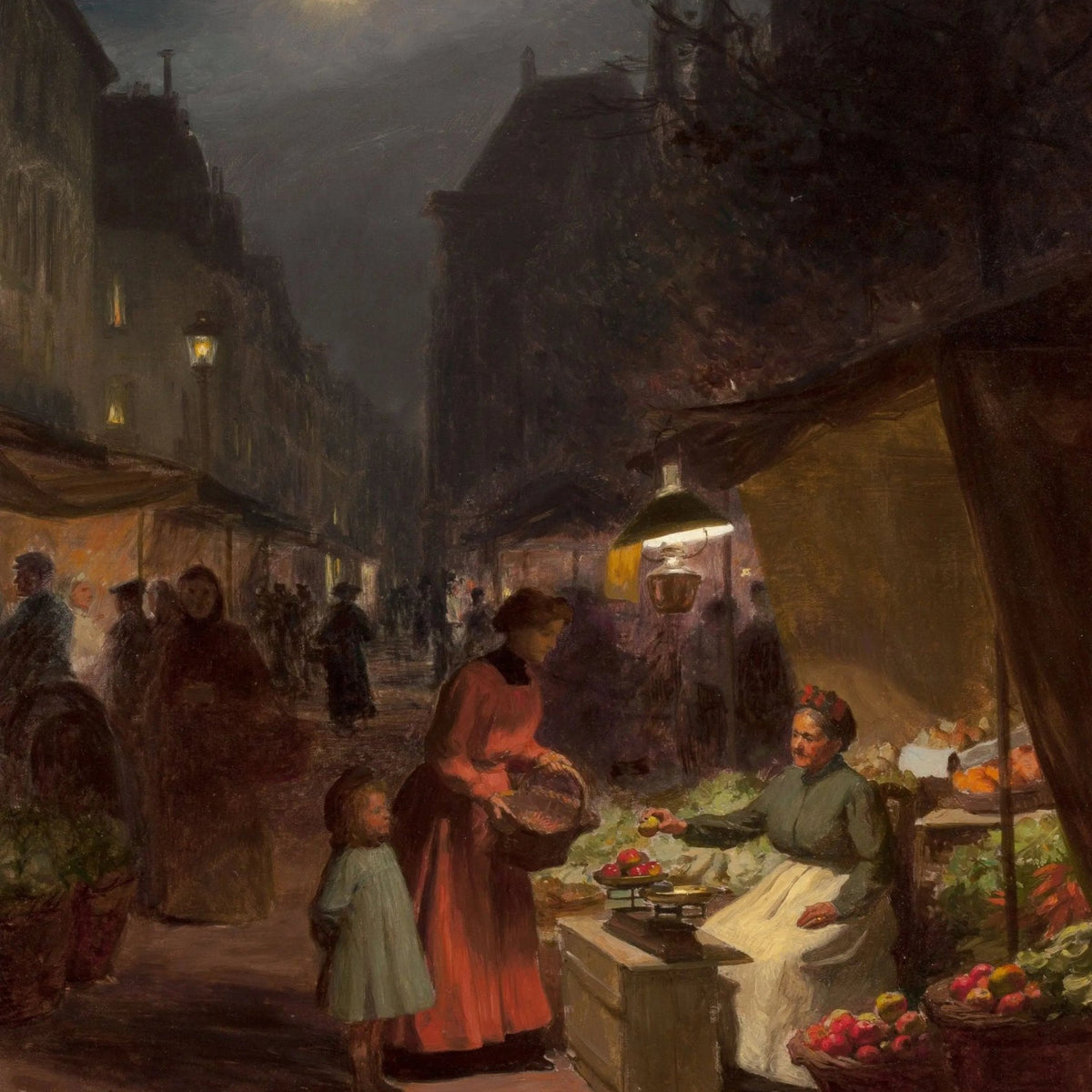 People Oil Painting - Night Market with Mother and Child - Oil Painting Haven