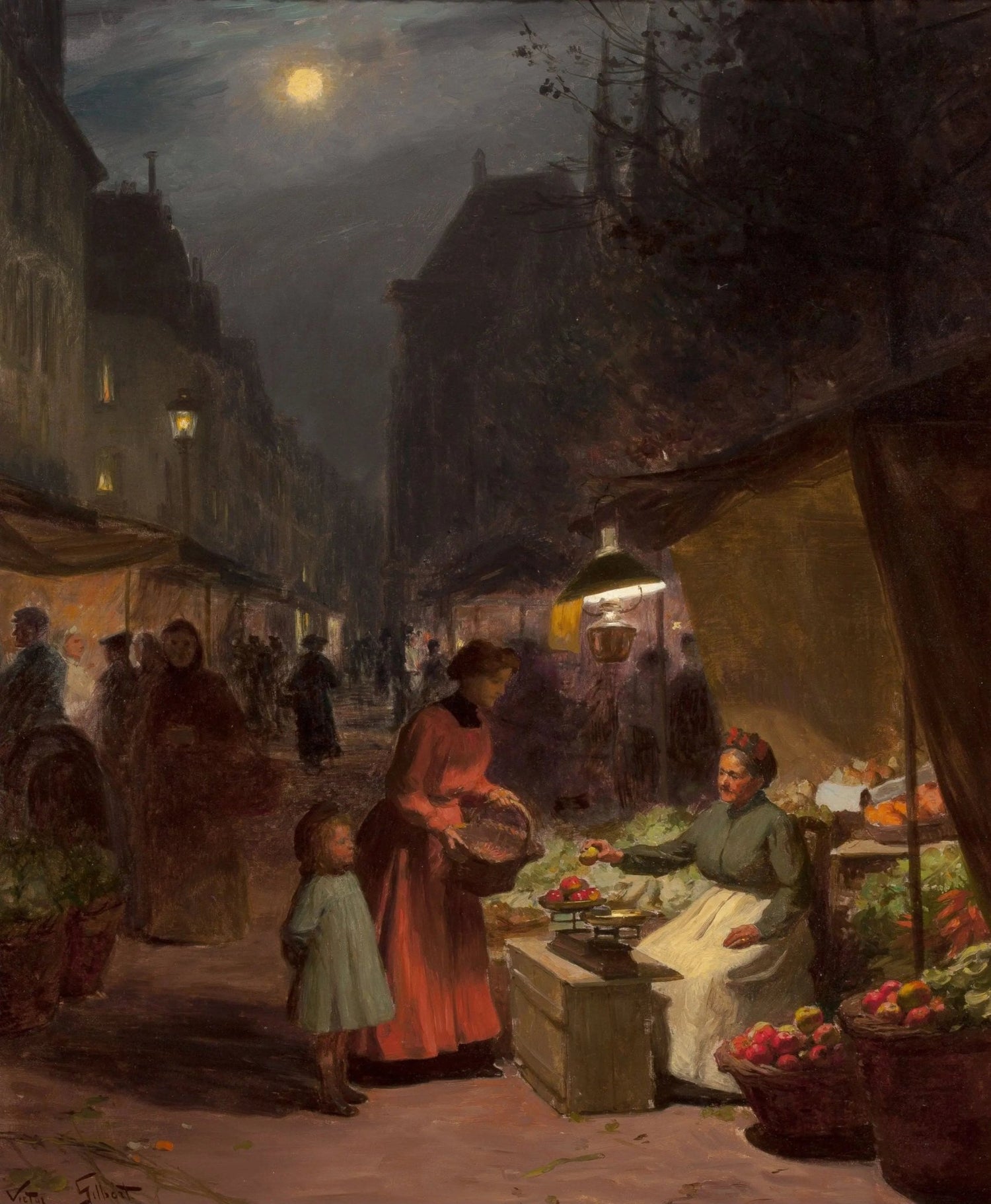 People Oil Painting - Night Market with Mother and Child - Oil Painting Haven