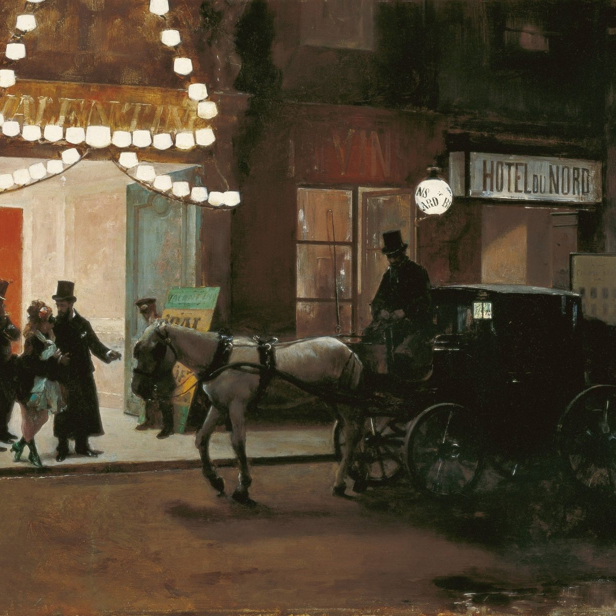 People Oil Painting - Night Street Scene with Carriage - Oil Painting Haven