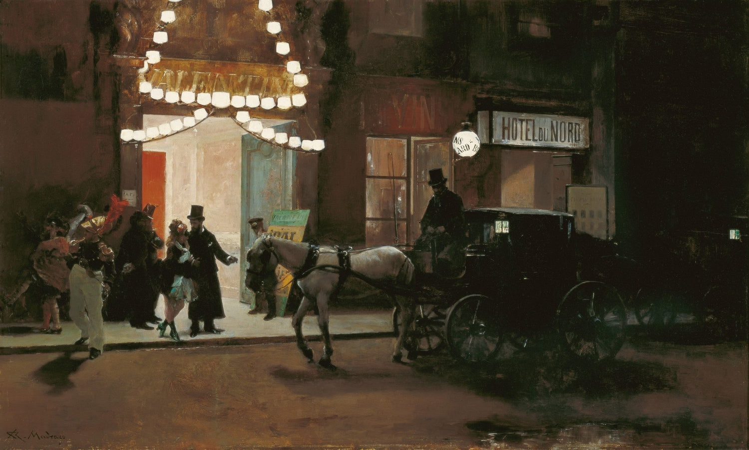 People Oil Painting - Night Street Scene with Carriage - Oil Painting Haven