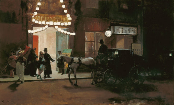 People Oil Painting - Night Street Scene with Carriage - Oil Painting Haven