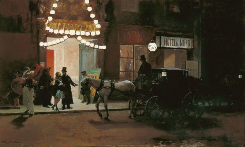 People Oil Painting - Night Street Scene with Carriage - Oil Painting Haven