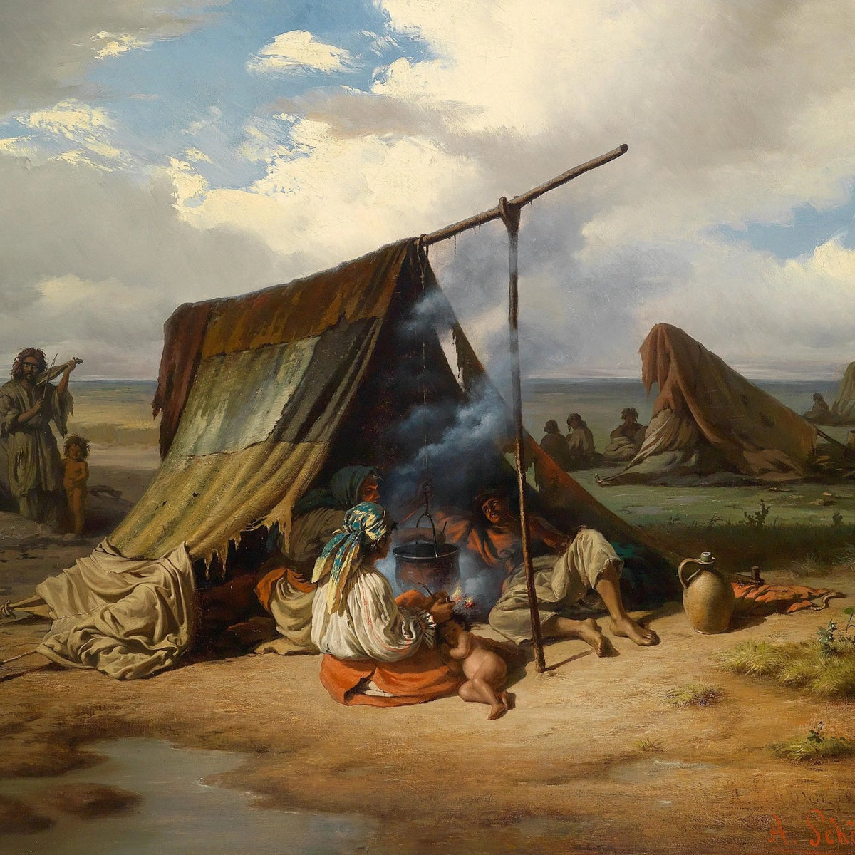 People Oil Painting - Nomadic Camp with Tents and Figures - Oil Painting Haven