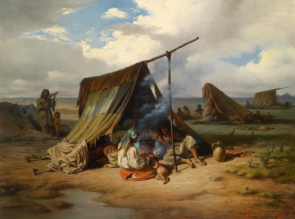 People Oil Painting - Nomadic Camp with Tents and Figures - Oil Painting Haven