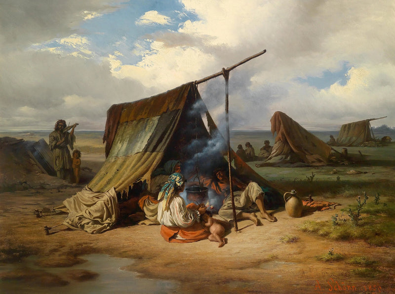 People Oil Painting - Nomadic Camp with Tents and Figures - Oil Painting Haven