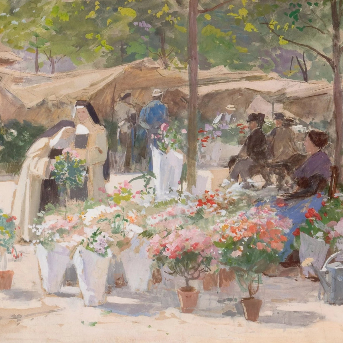 People Oil Painting - Nuns at Flower Market - Oil Painting Haven