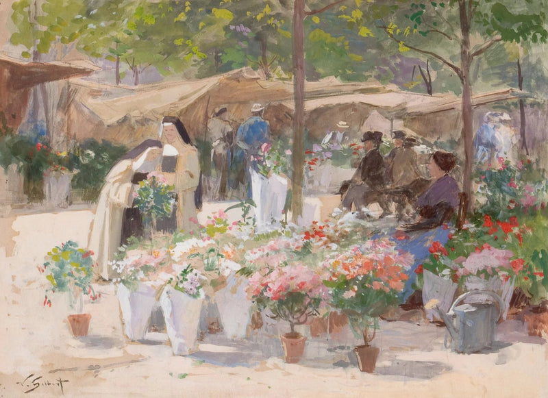 People Oil Painting - Nuns at Flower Market - Oil Painting Haven