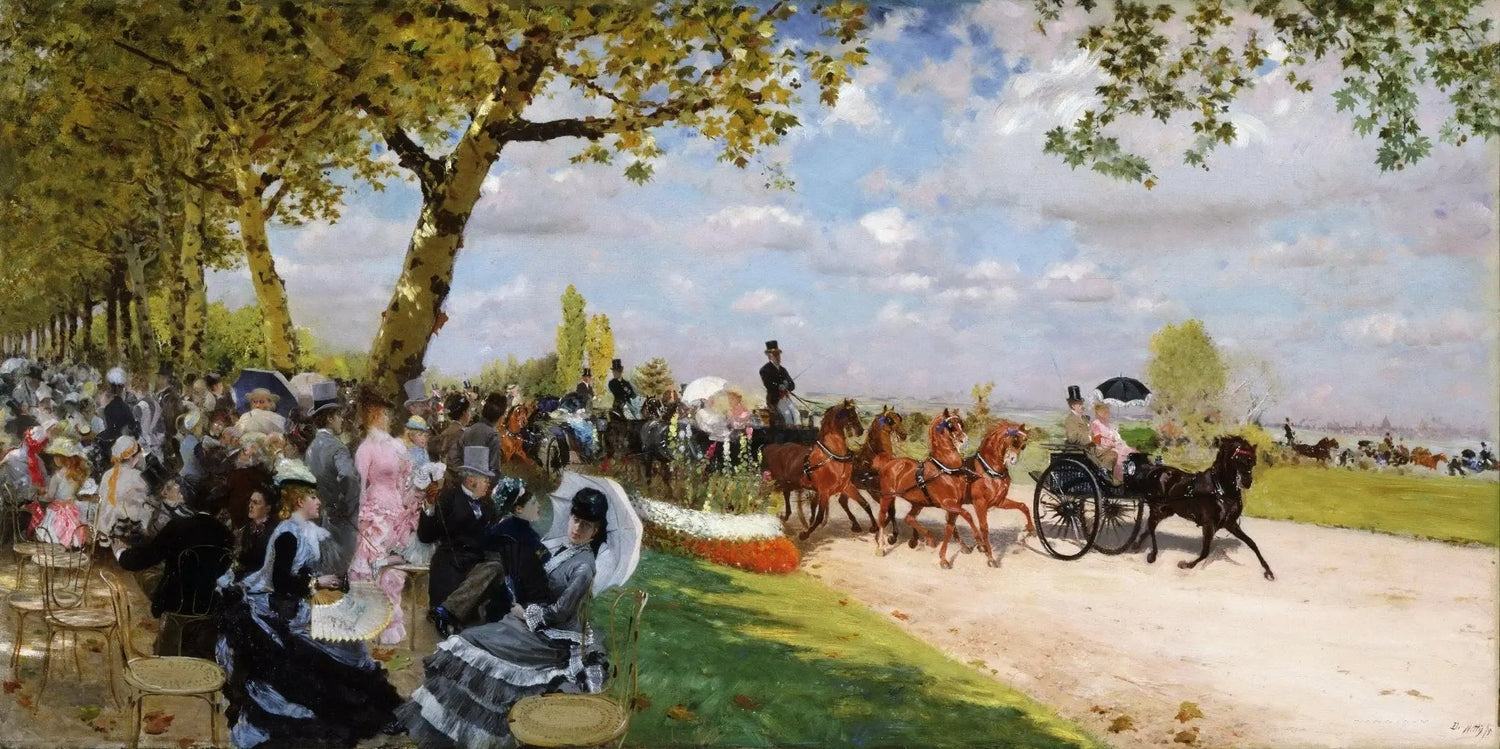 People Oil Painting - Outdoor Scene with Carriages and Crowd - Oil Painting Haven