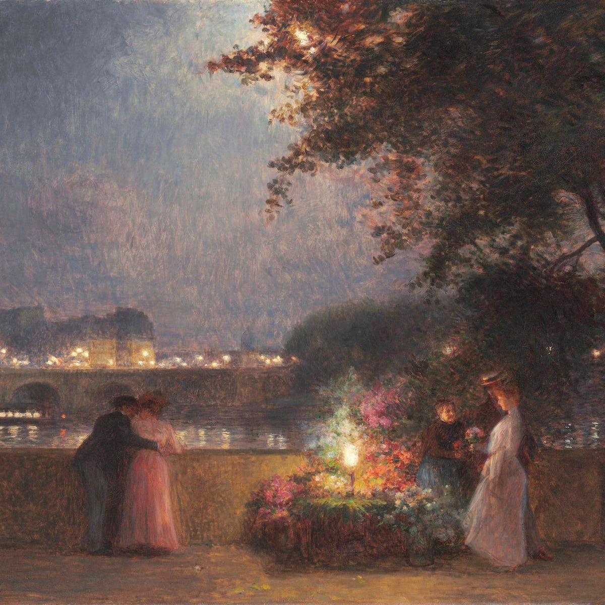 People Oil Painting - Paris Evening Flower Market by River - Oil Painting Haven