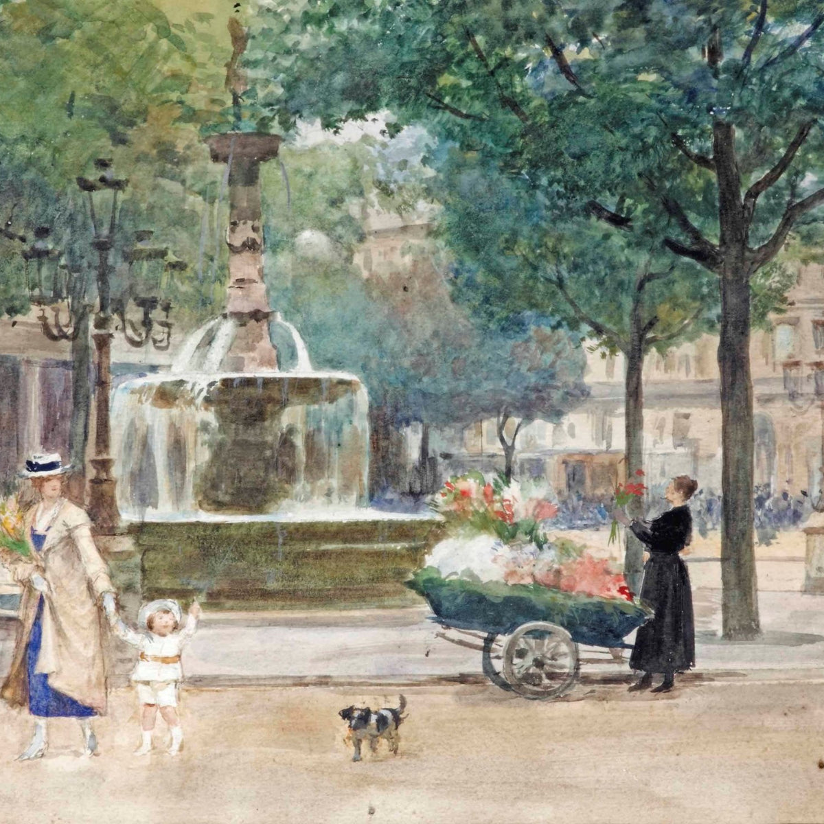 People Oil Painting - Paris Fountain Flower Market Scene - Oil Painting Haven