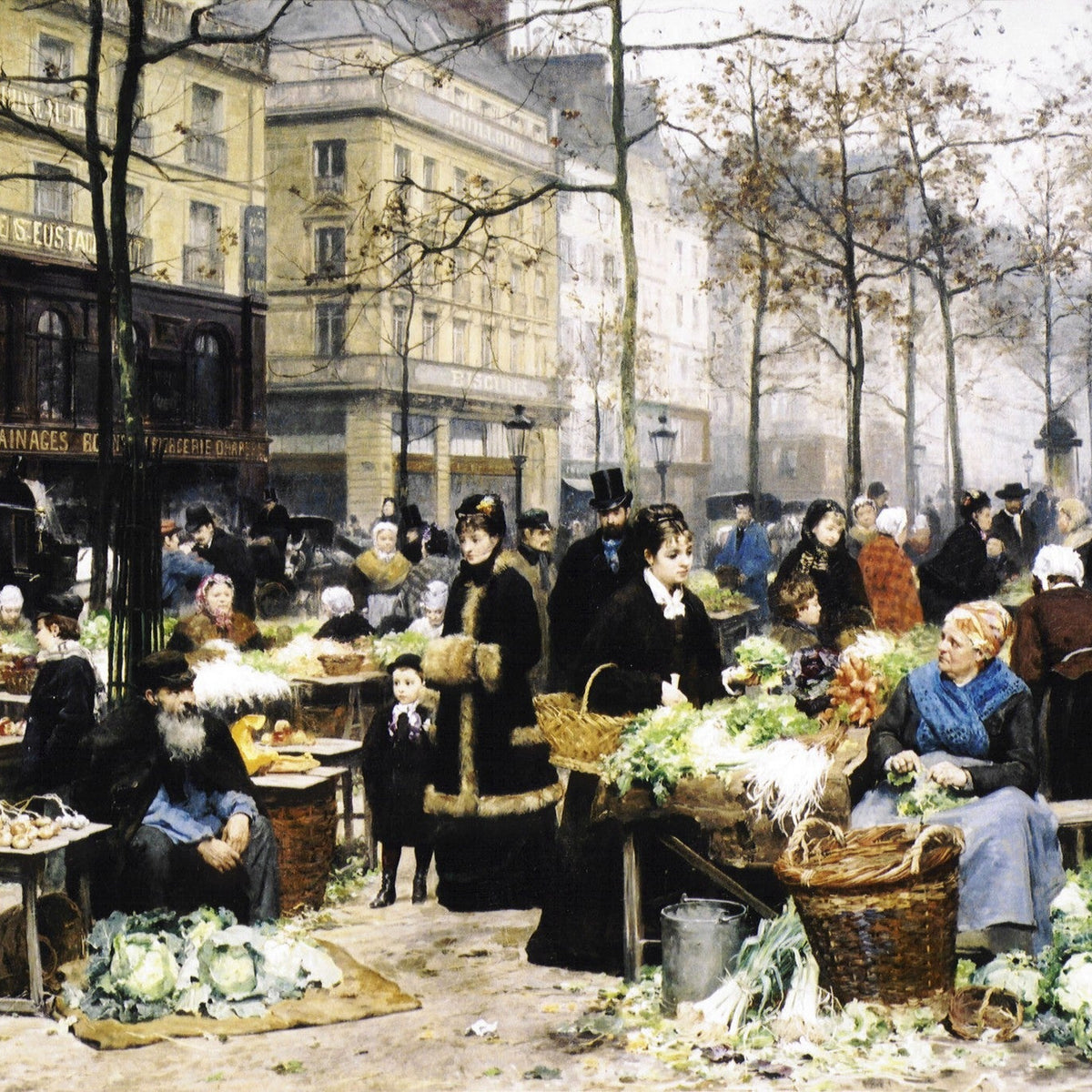 People Oil Painting - Paris Market Scene with Street Figures - Oil Painting Haven