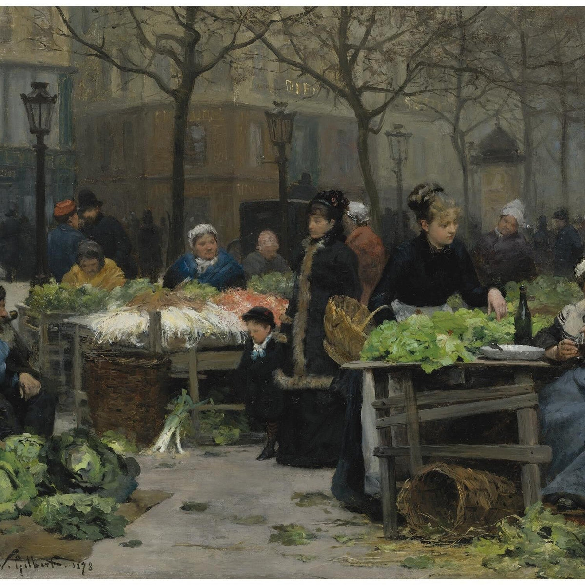 People Oil Painting - Paris Street Market Vegetable Scene - Oil Painting Haven