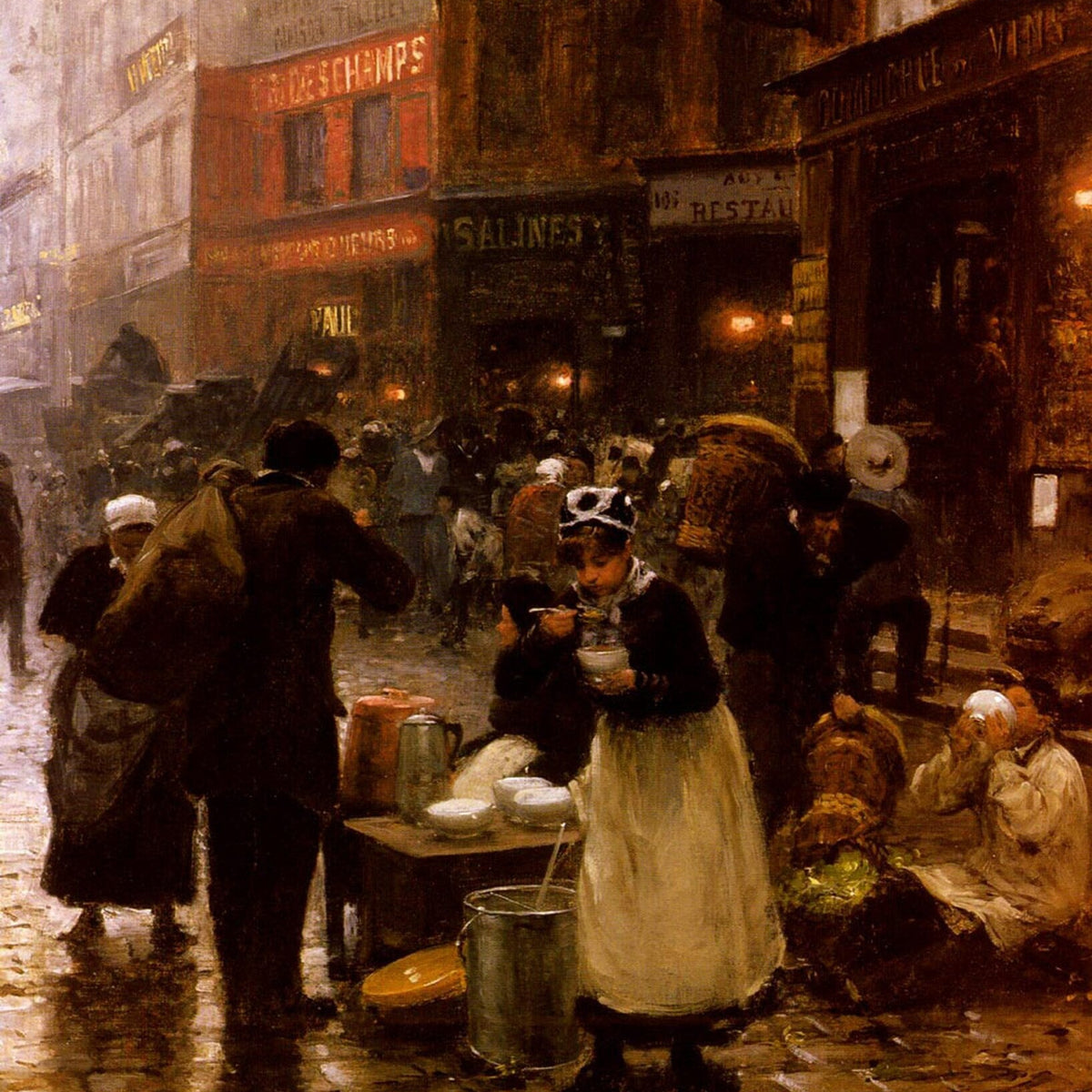 People Oil Painting - Paris Street Scene with Market Figures - Oil Painting Haven