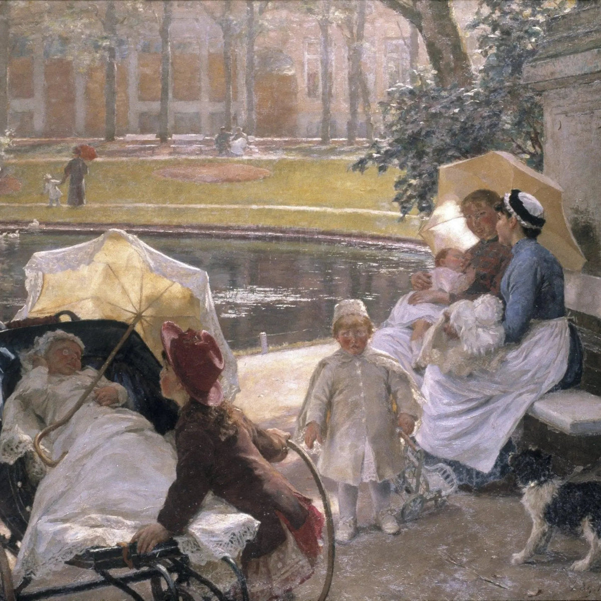 People Oil Painting - Park Scene with Children and Nannies - Oil Painting Haven