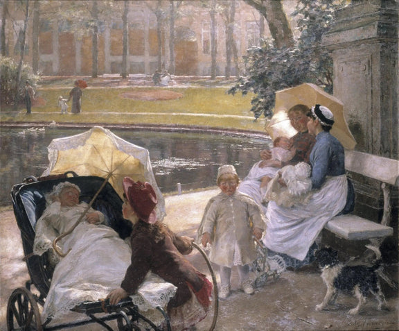People Oil Painting - Park Scene with Children and Nannies - Oil Painting Haven