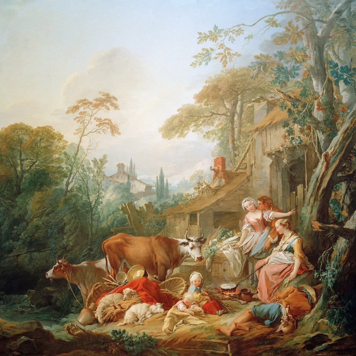 People Oil Painting - Pastoral Family Scene with Cattle - Oil Painting Haven