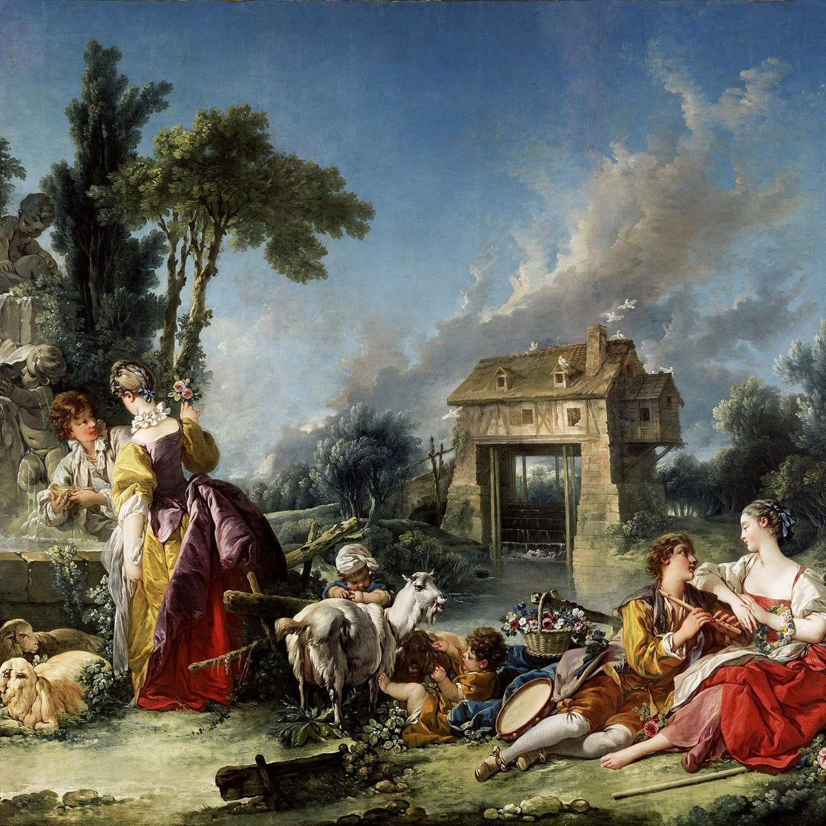 People Oil Painting - Pastoral Lovers with Sheep and Cottage - Oil Painting Haven