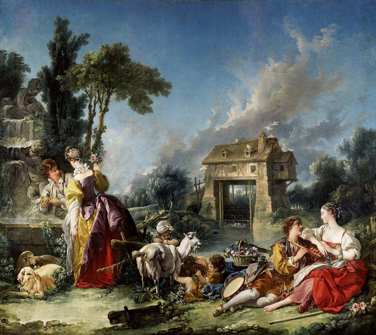 People Oil Painting - Pastoral Lovers with Sheep and Cottage - Oil Painting Haven