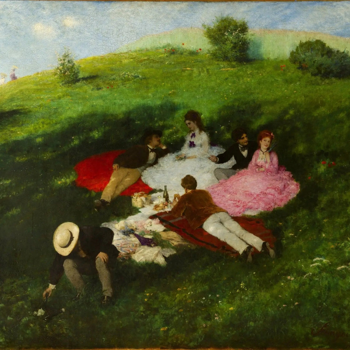People Oil Painting - Picnic Scene on Grassy Hill - Oil Painting Haven