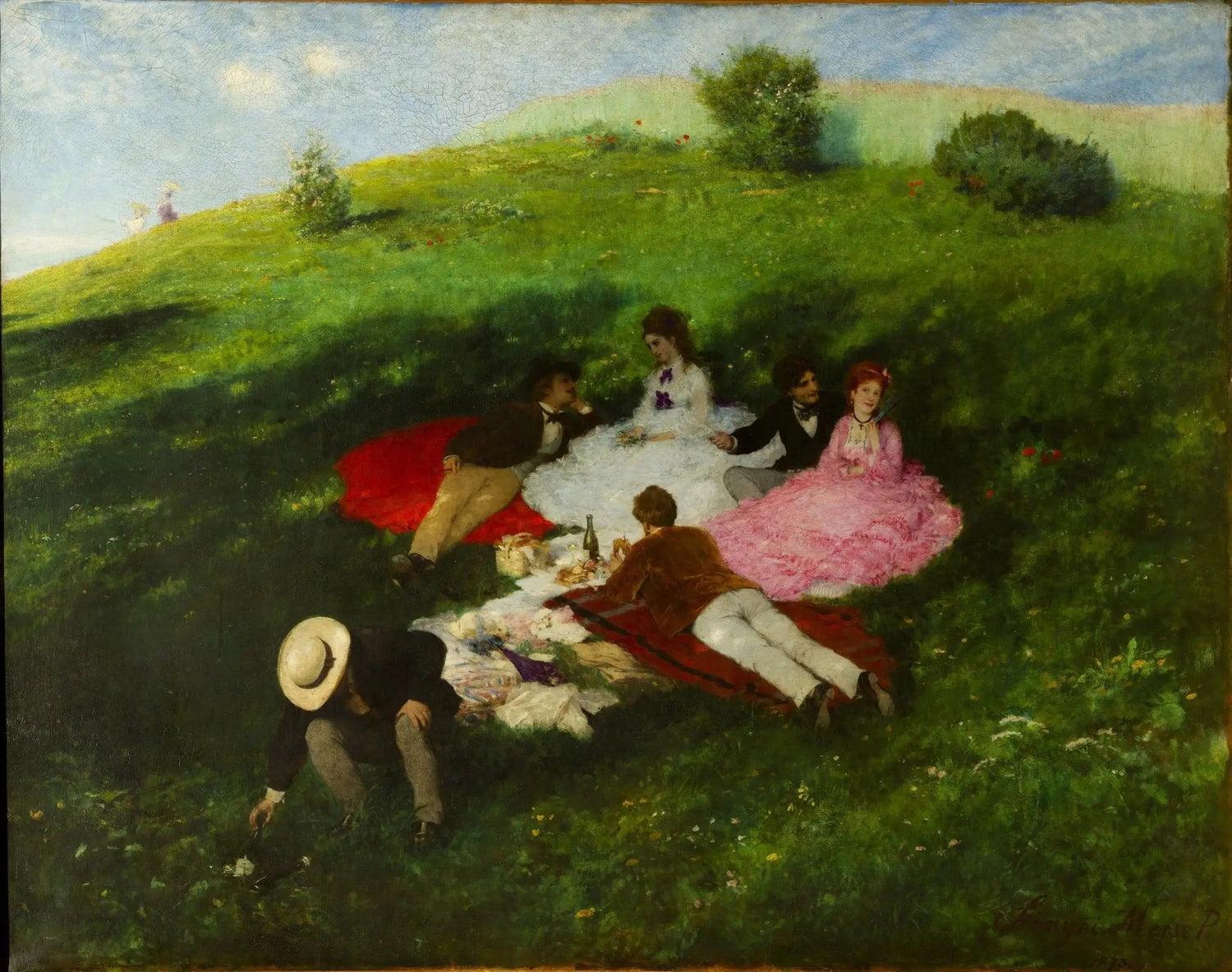 People Oil Painting - Picnic Scene on Grassy Hill - Oil Painting Haven