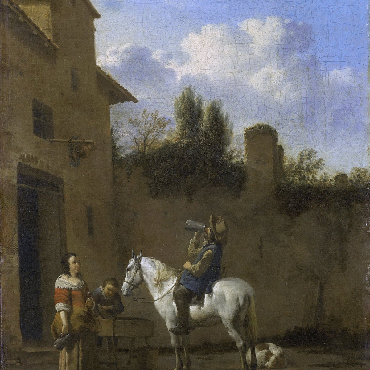 People Oil Painting - Rider Drinking on Horse Rustic Scene - Oil Painting Haven