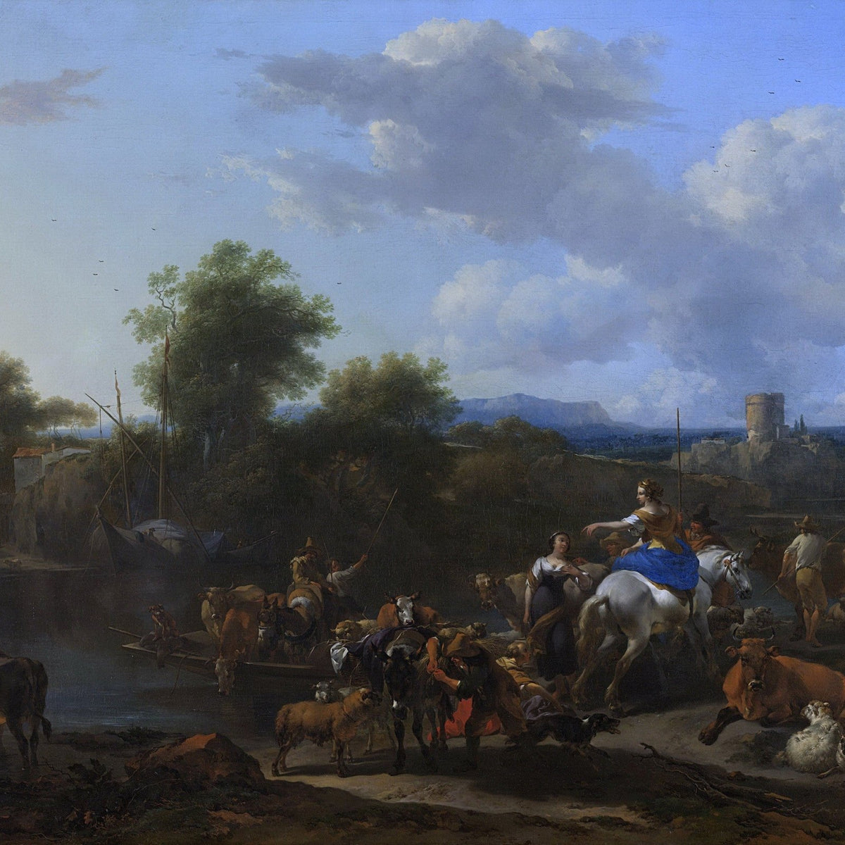 People Oil Painting - Riders and Herd Crossing a Quiet River - Oil Painting Haven