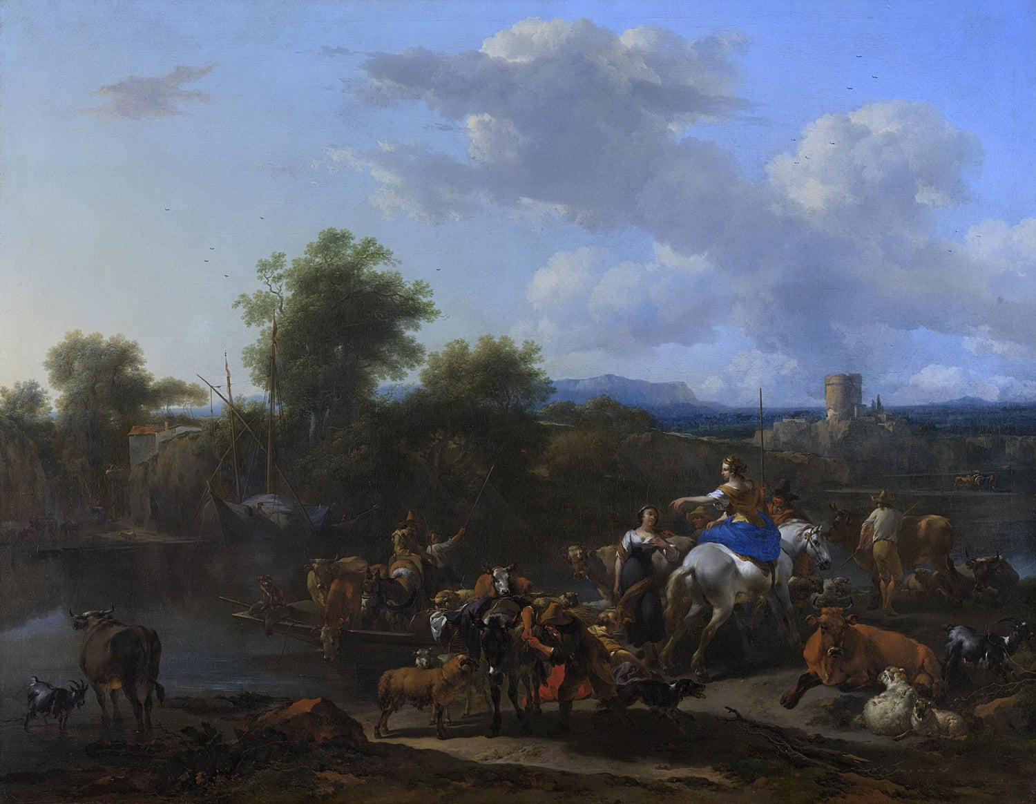 People Oil Painting - Riders and Herd Crossing a Quiet River - Oil Painting Haven