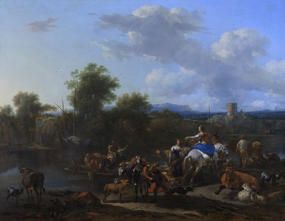 People Oil Painting - Riders and Herd Crossing a Quiet River - Oil Painting Haven
