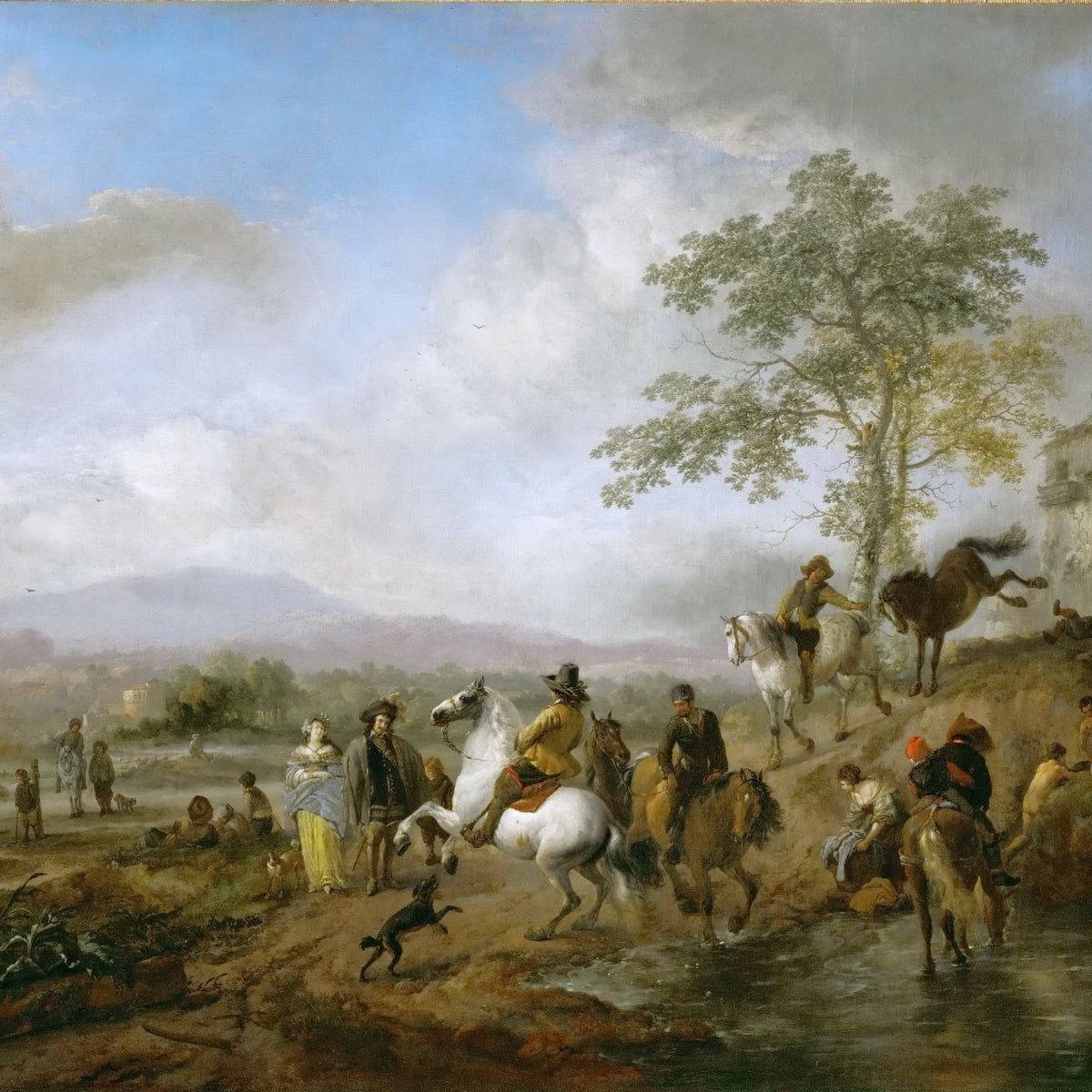 People Oil Painting - Riders and Horses at River Crossing - Oil Painting Haven