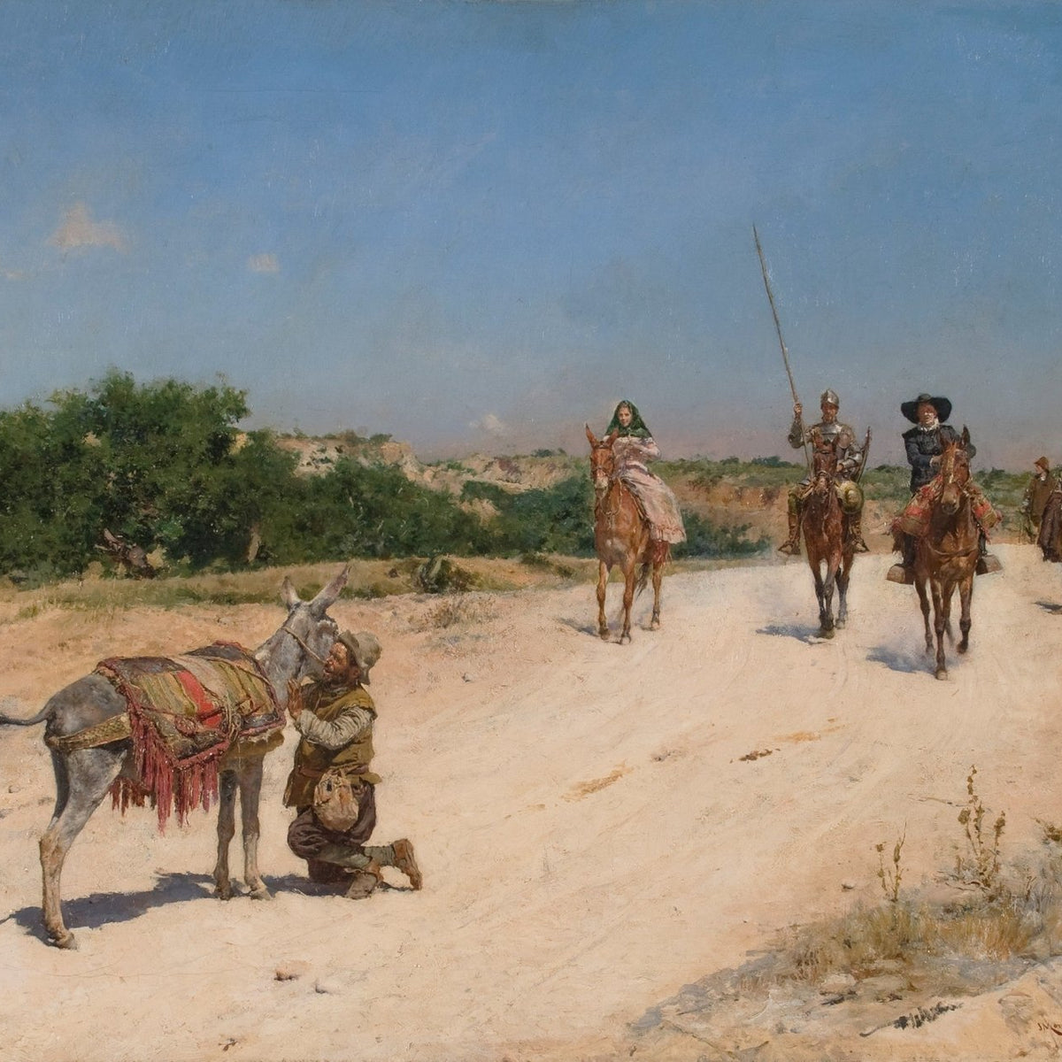People Oil Painting - Riders Meeting Donkey on Dusty Road - Oil Painting Haven