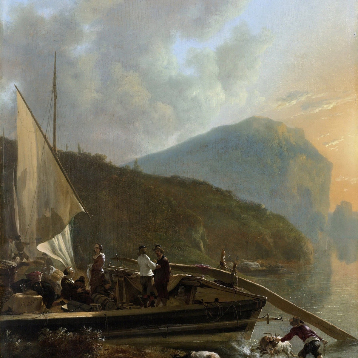 People Oil Painting - River Boat Scene with Figures at Sunset - Oil Painting Haven