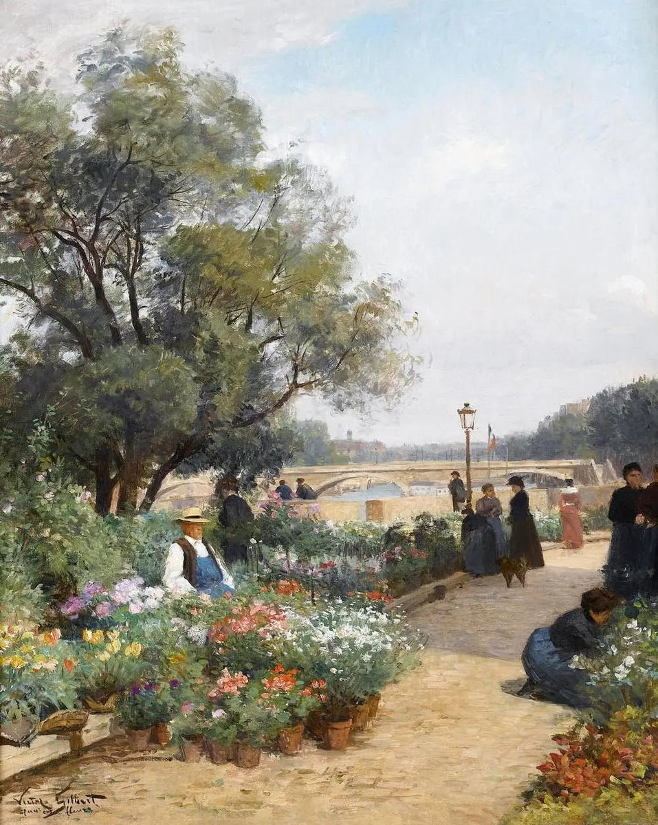 People Oil Painting - Riverside Flower Market - Oil Painting Haven