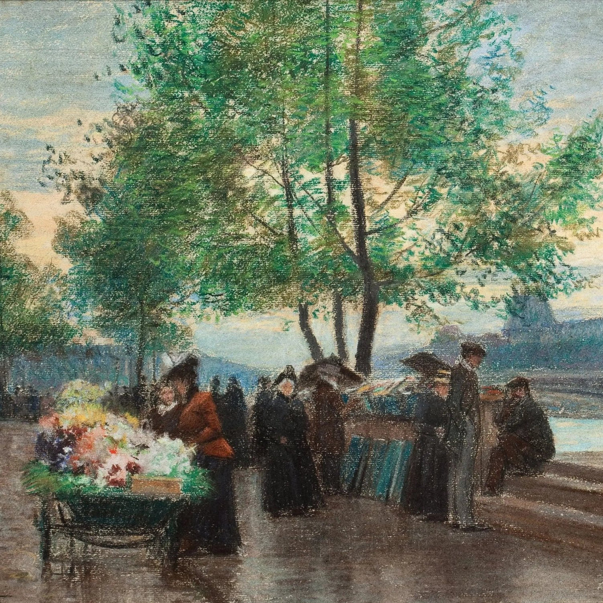 People Oil Painting - Riverside Flower Market Scene - Oil Painting Haven