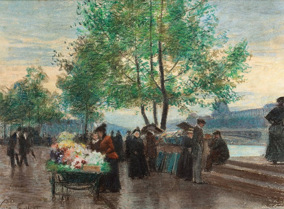 People Oil Painting - Riverside Flower Market Scene - Oil Painting Haven