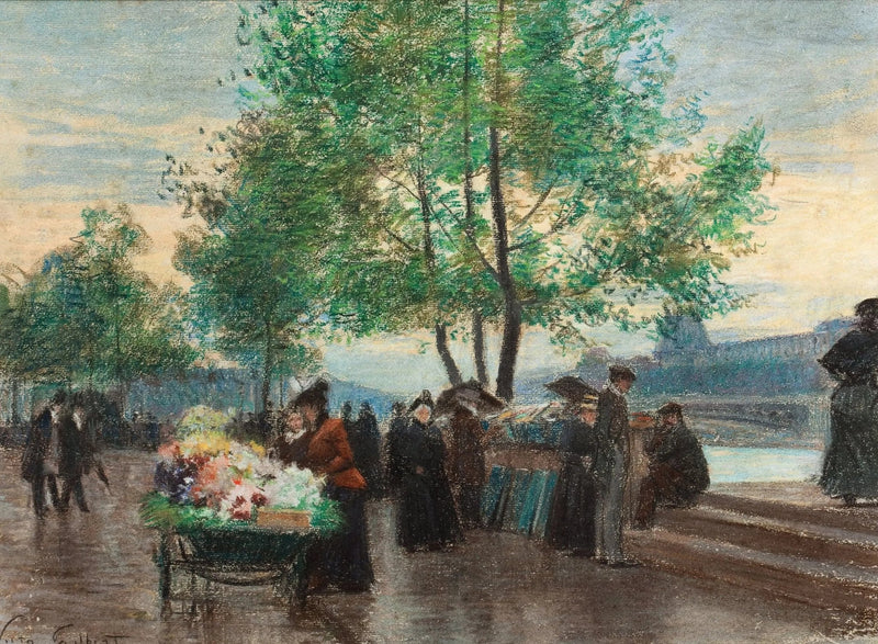 People Oil Painting - Riverside Flower Market Scene - Oil Painting Haven