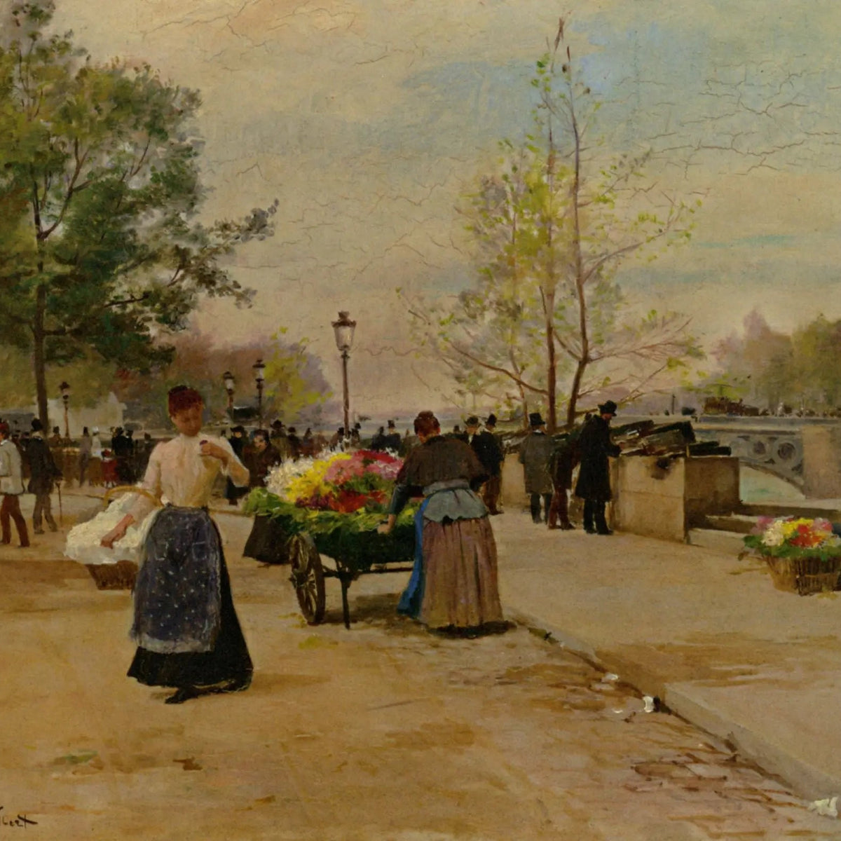 People Oil Painting - Riverside Flower Market Wall Art - Oil Painting Haven