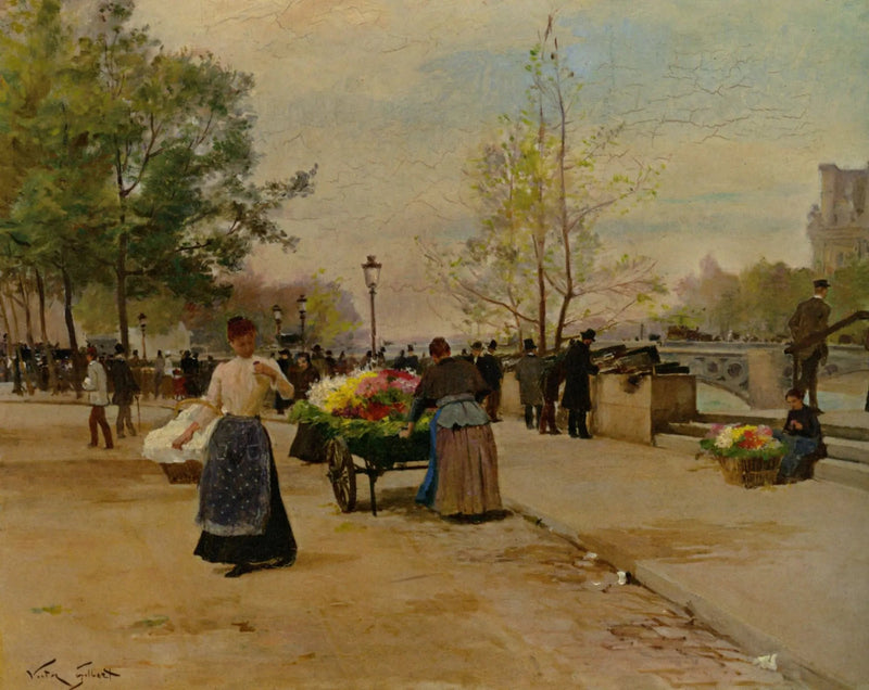 People Oil Painting - Riverside Flower Market Wall Art - Oil Painting Haven