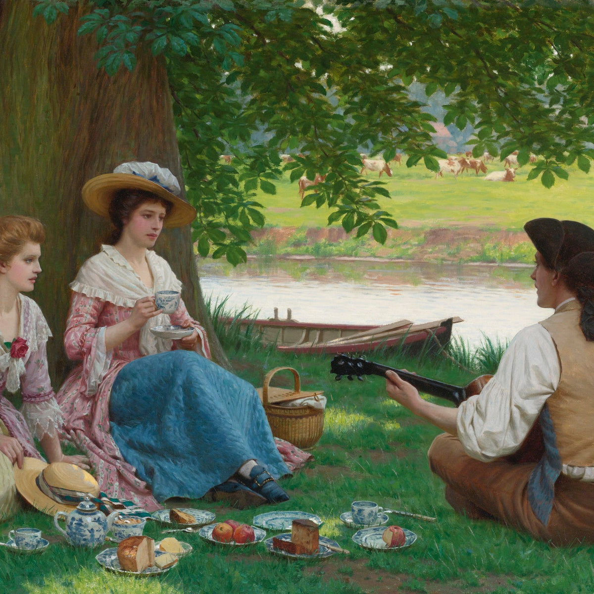 People Oil Painting - Riverside Picnic with Music Scene - Oil Painting Haven